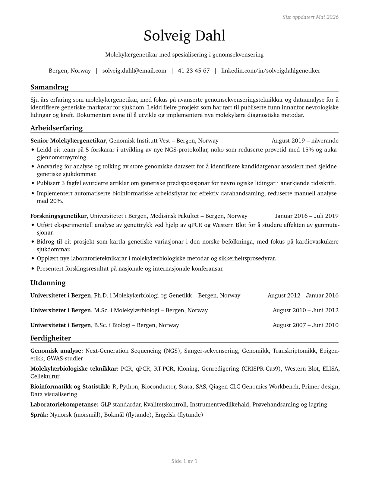 Geneticists CV in Norwegian_nynorsk — page 1