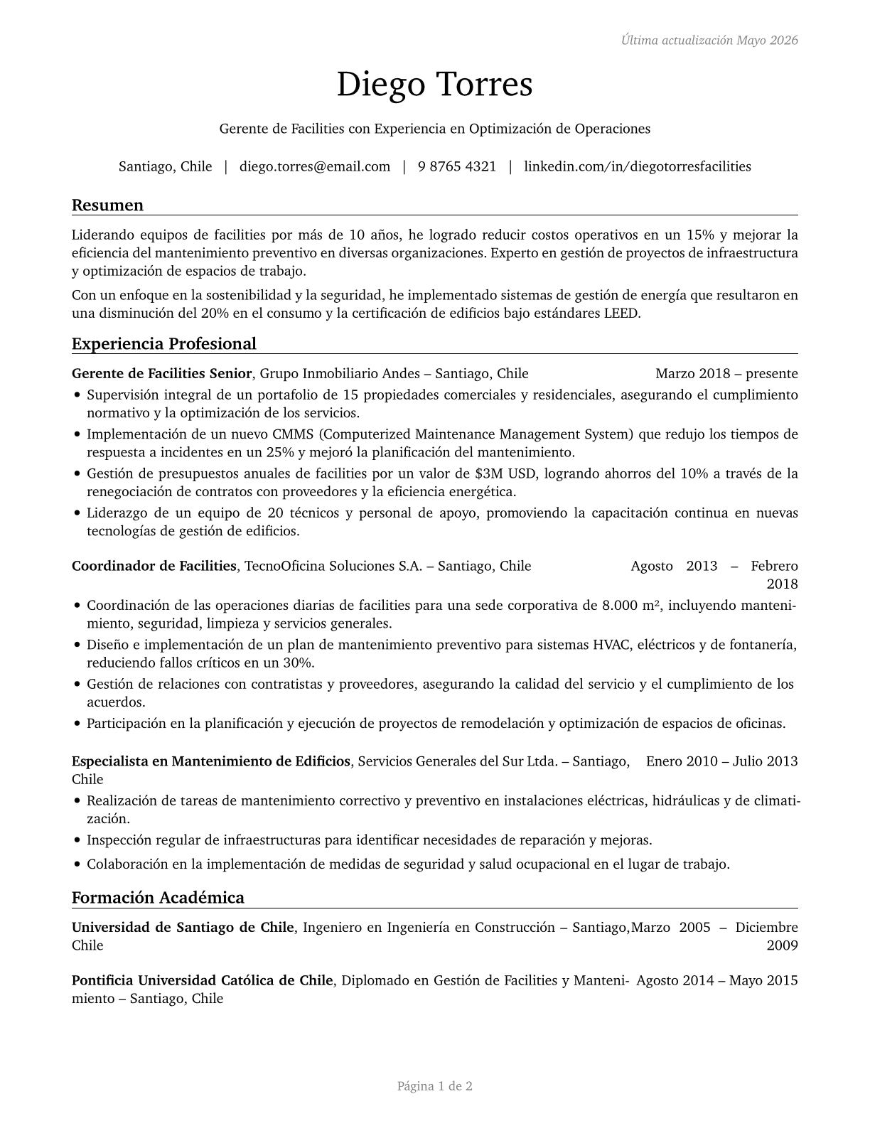 Facilities Managers CV in Spanish — page 1