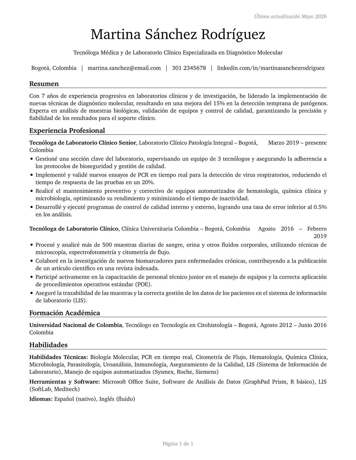 Medical and Clinical Laboratory Technologists CV in Spanish — page 1
