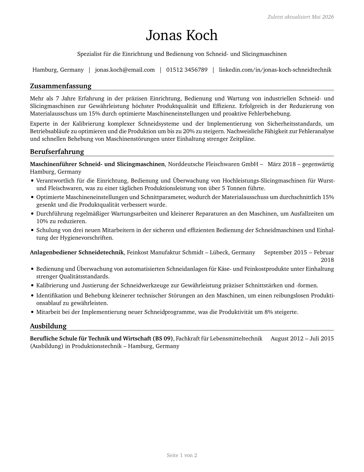 Cutting and Slicing Machine Setters, Operators, and Tenders CV in German — page 1