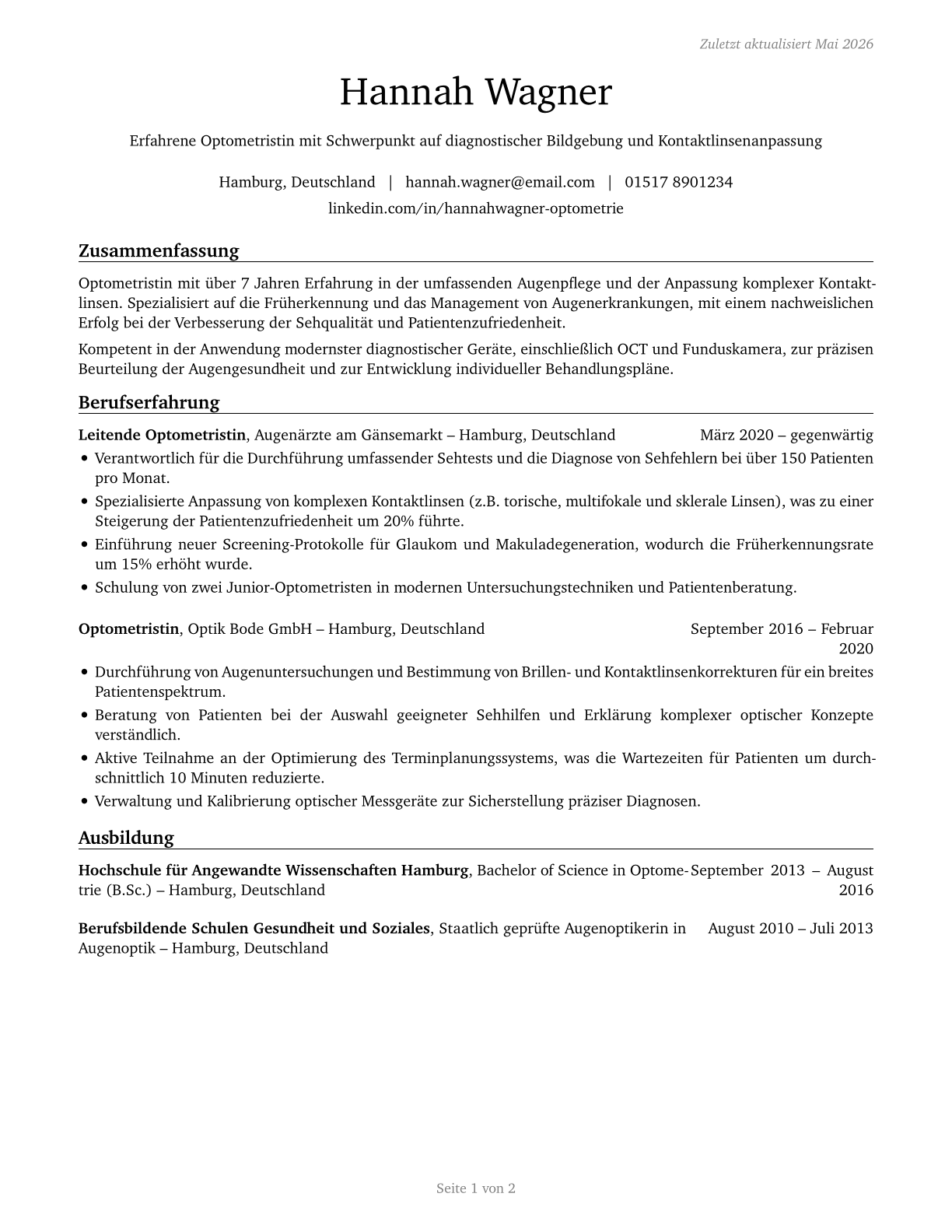 Optometrists CV in German — page 1