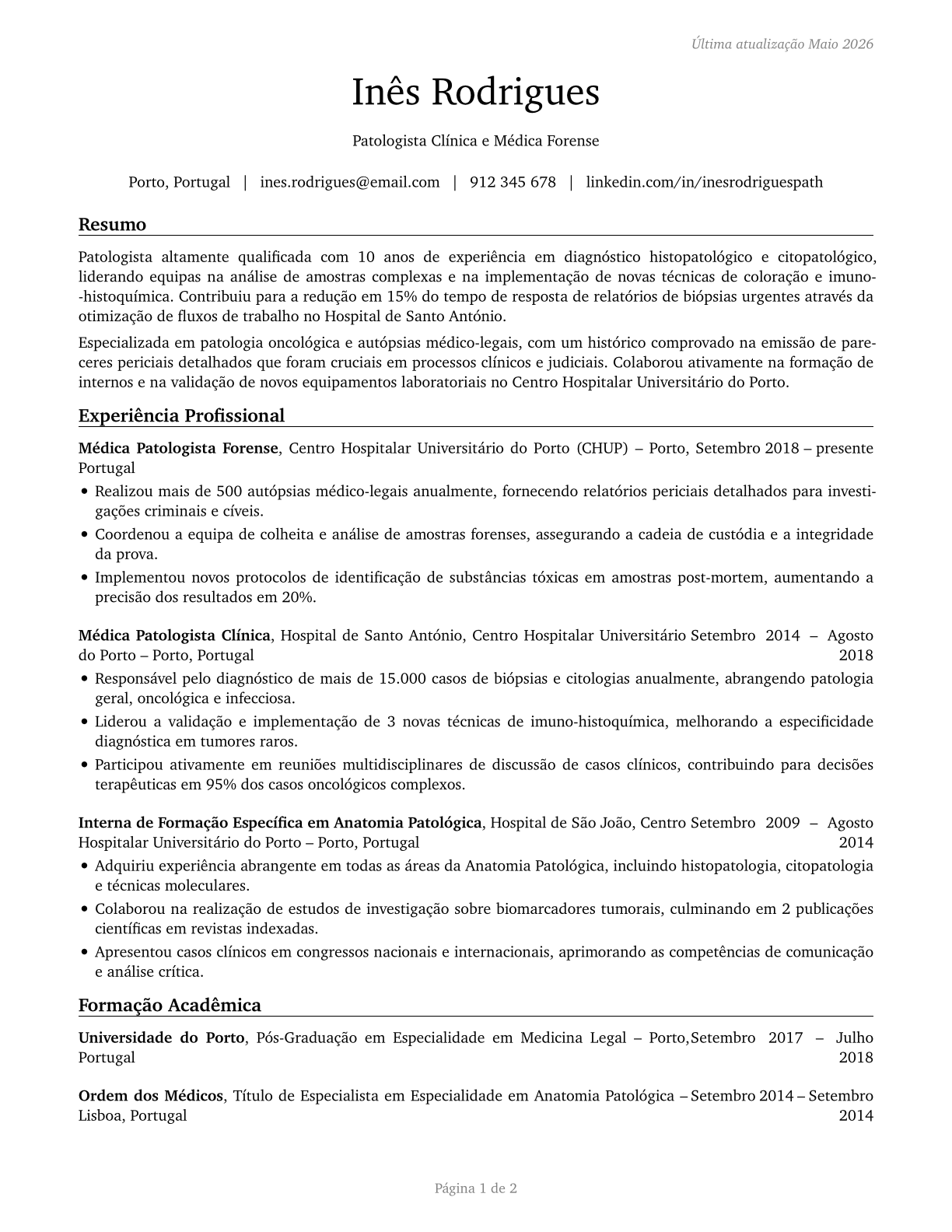 Physicians, Pathologists CV in Portuguese — page 1