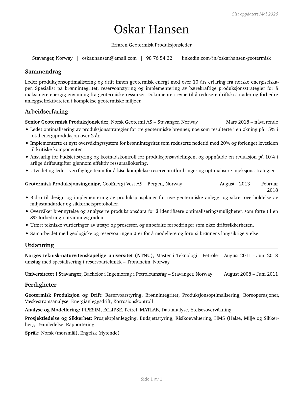 Geothermal Production Managers CV in Norwegian_bokmal — page 1