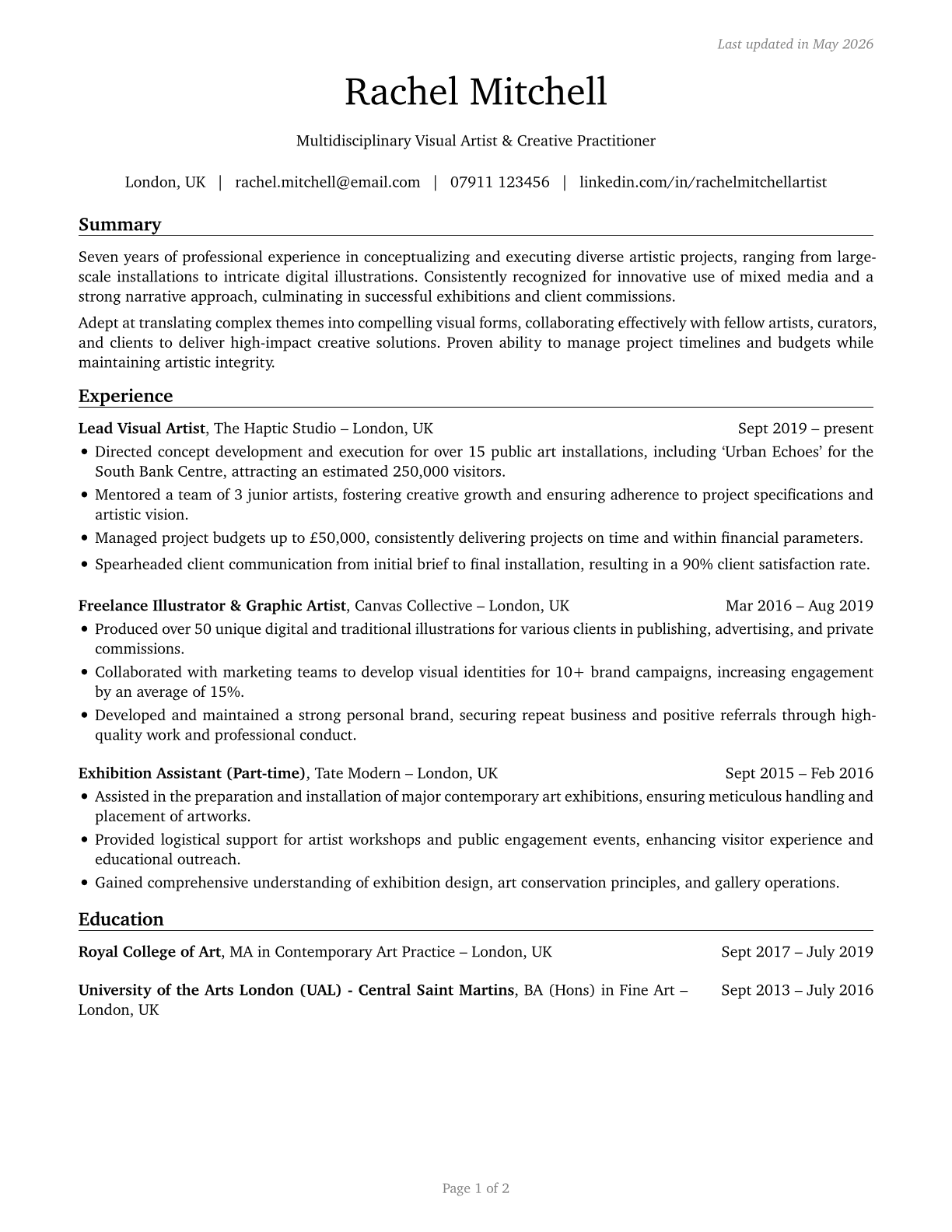Artists and Related Workers, All Other CV in English — page 1