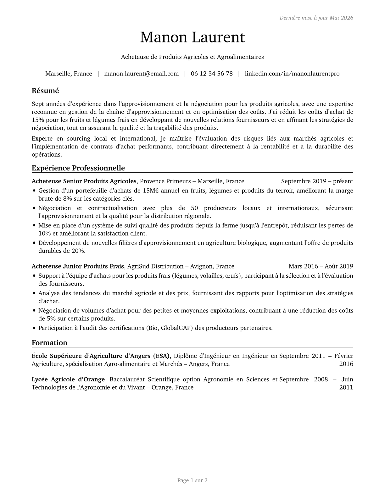 Buyers and Purchasing Agents, Farm Products CV in French — page 1