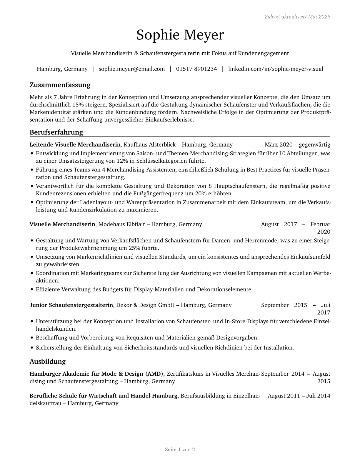 Merchandise Displayers and Window Trimmers CV in German — page 1