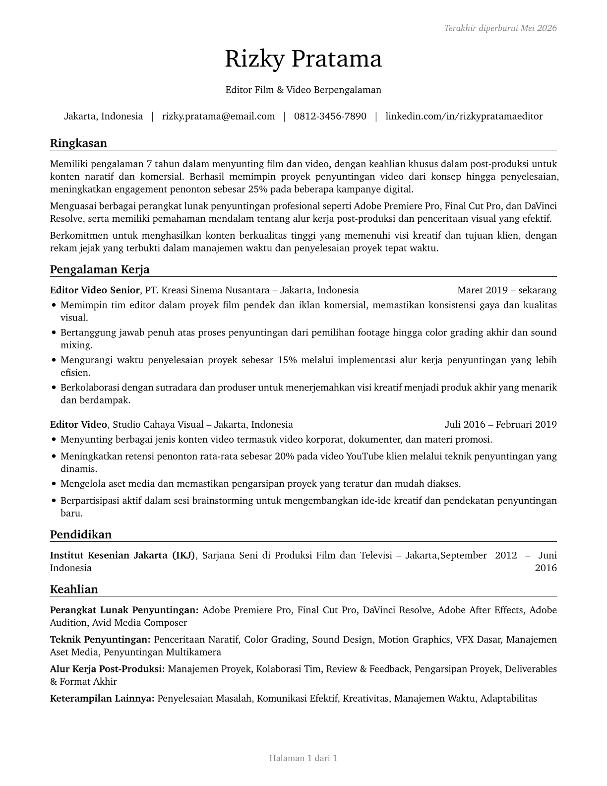 Film and Video Editors CV in Indonesian — page 1