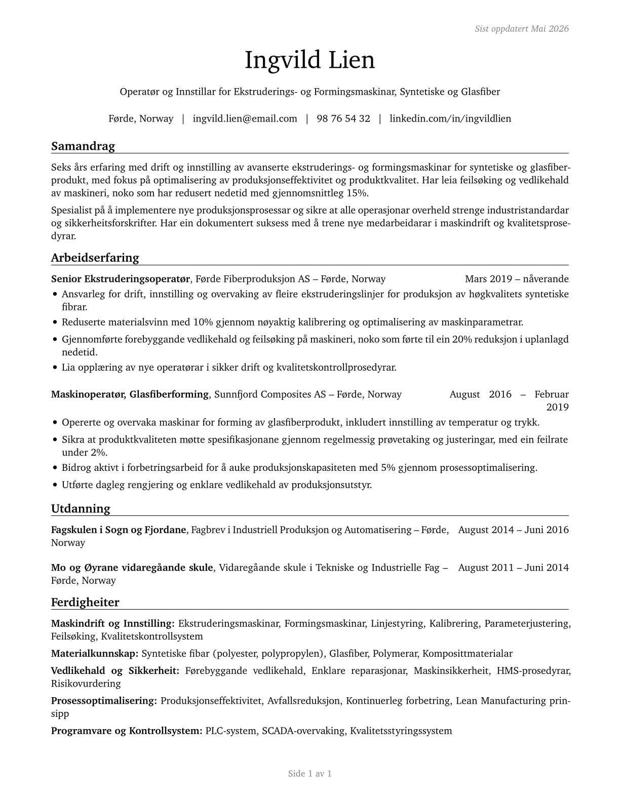 Extruding and Forming Machine Setters, Operators, and Tenders, Synthetic and Glass Fibers CV in Norwegian_nynorsk — page 1