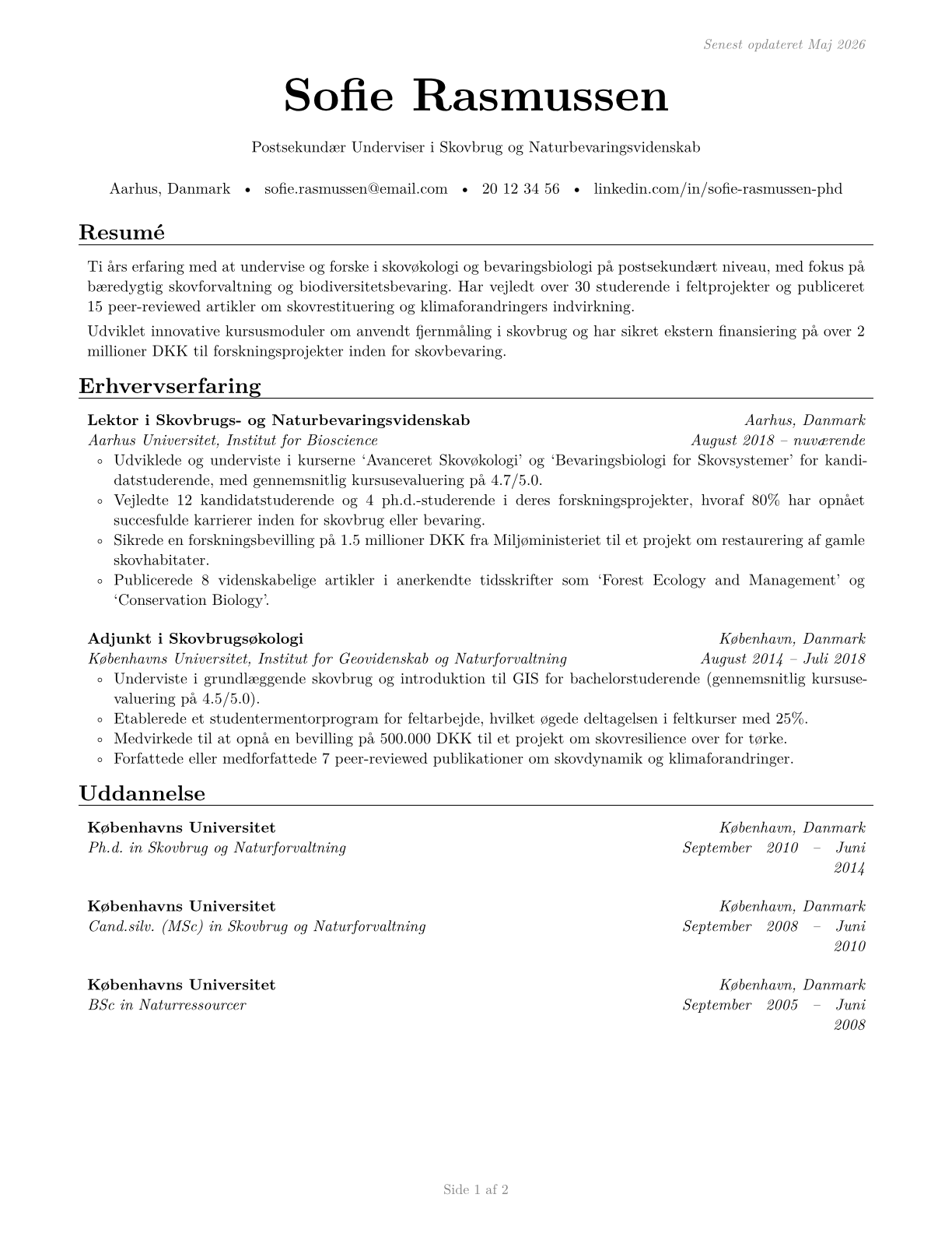 Forestry and Conservation Science Teachers, Postsecondary CV in Danish — page 1