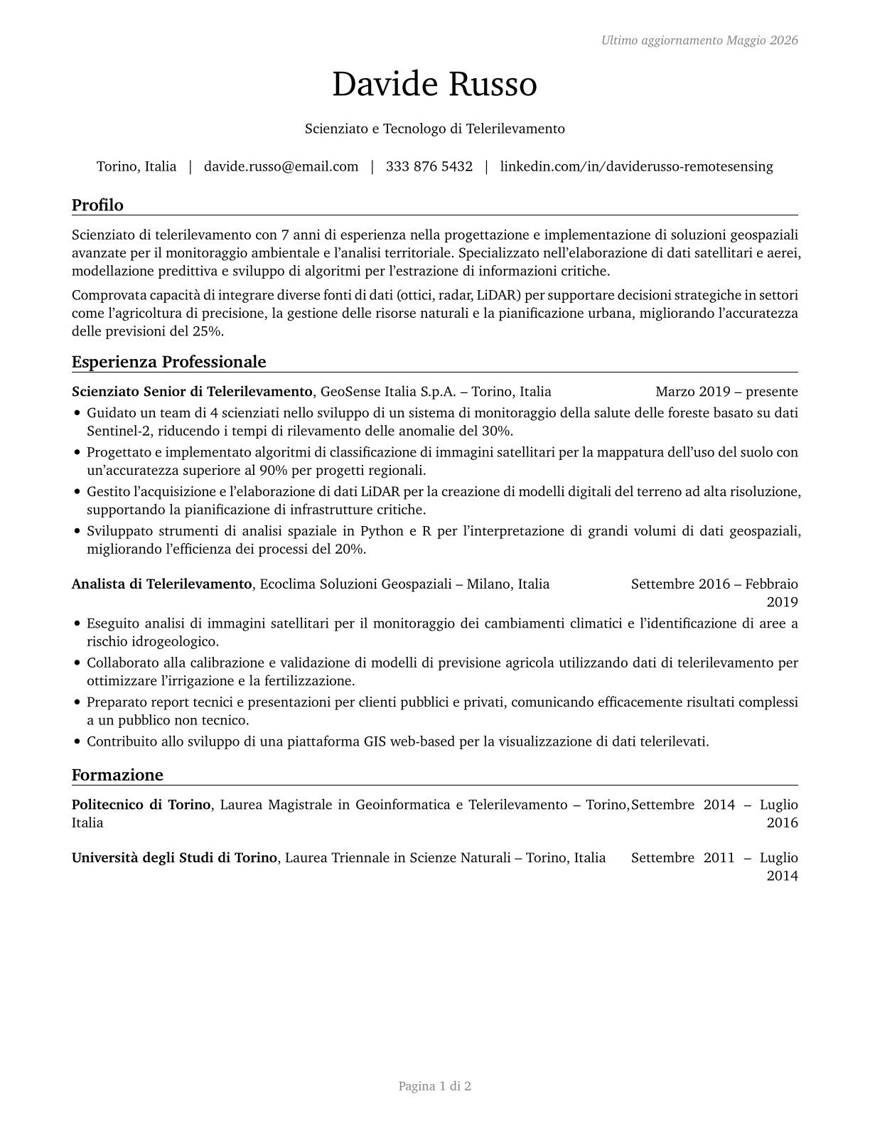 Remote Sensing Scientists and Technologists CV in Italian — page 1