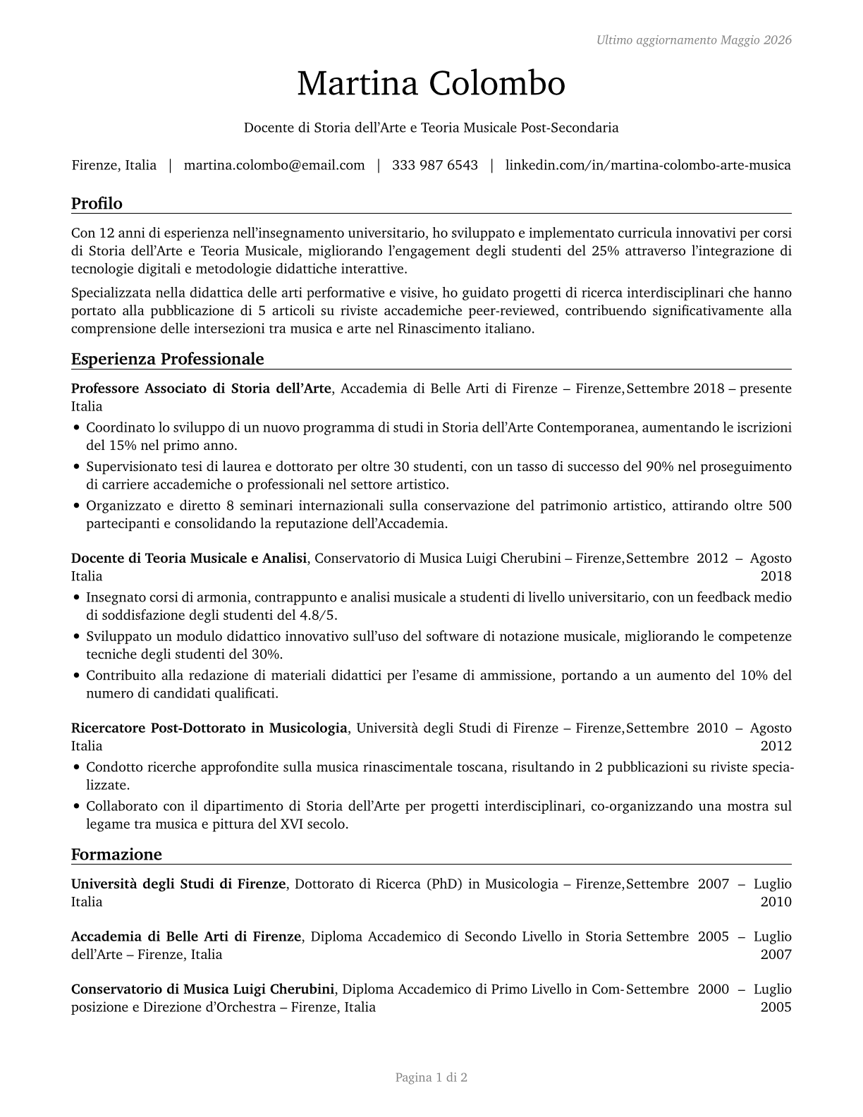 Art, Drama, and Music Teachers, Postsecondary CV in Italian — page 1