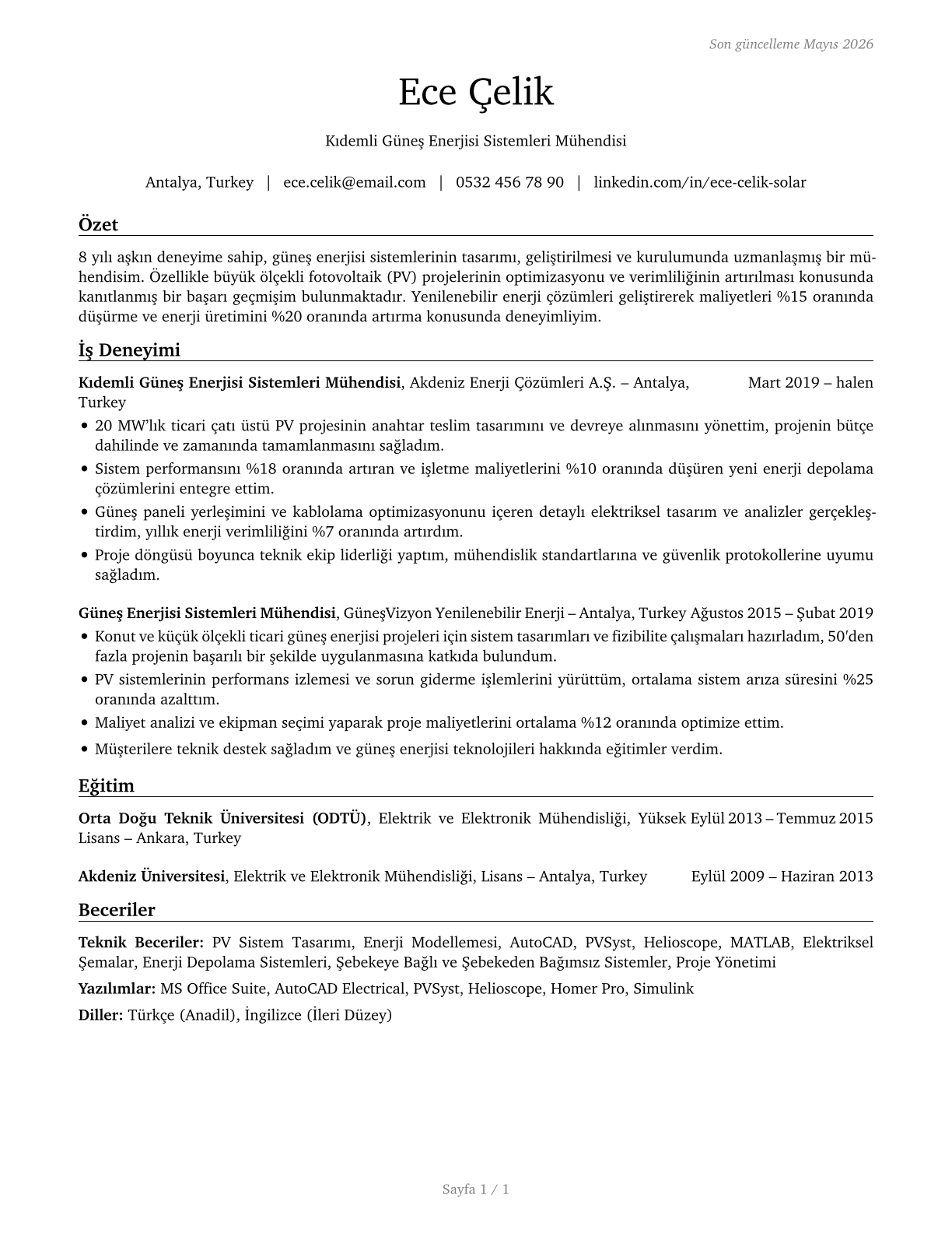 Solar Energy Systems Engineers CV in Turkish — page 1