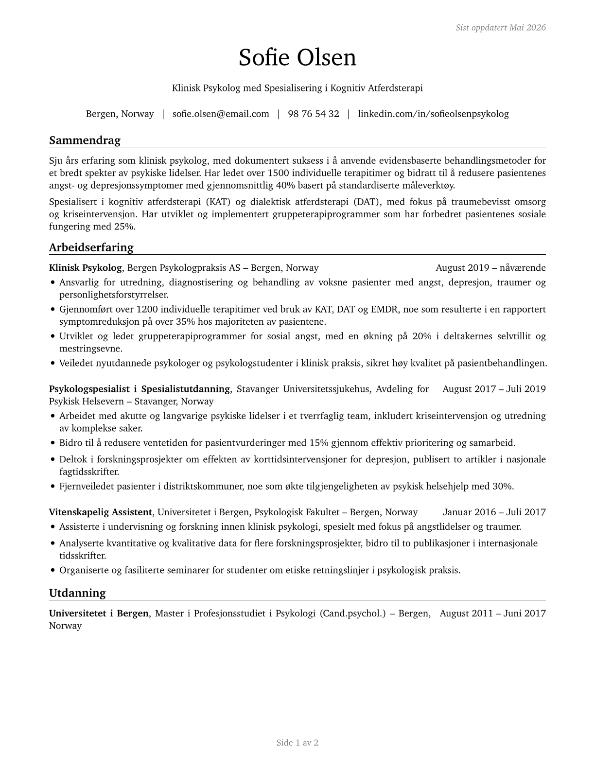 Clinical and Counseling Psychologists CV in Norwegian_bokmal — page 1