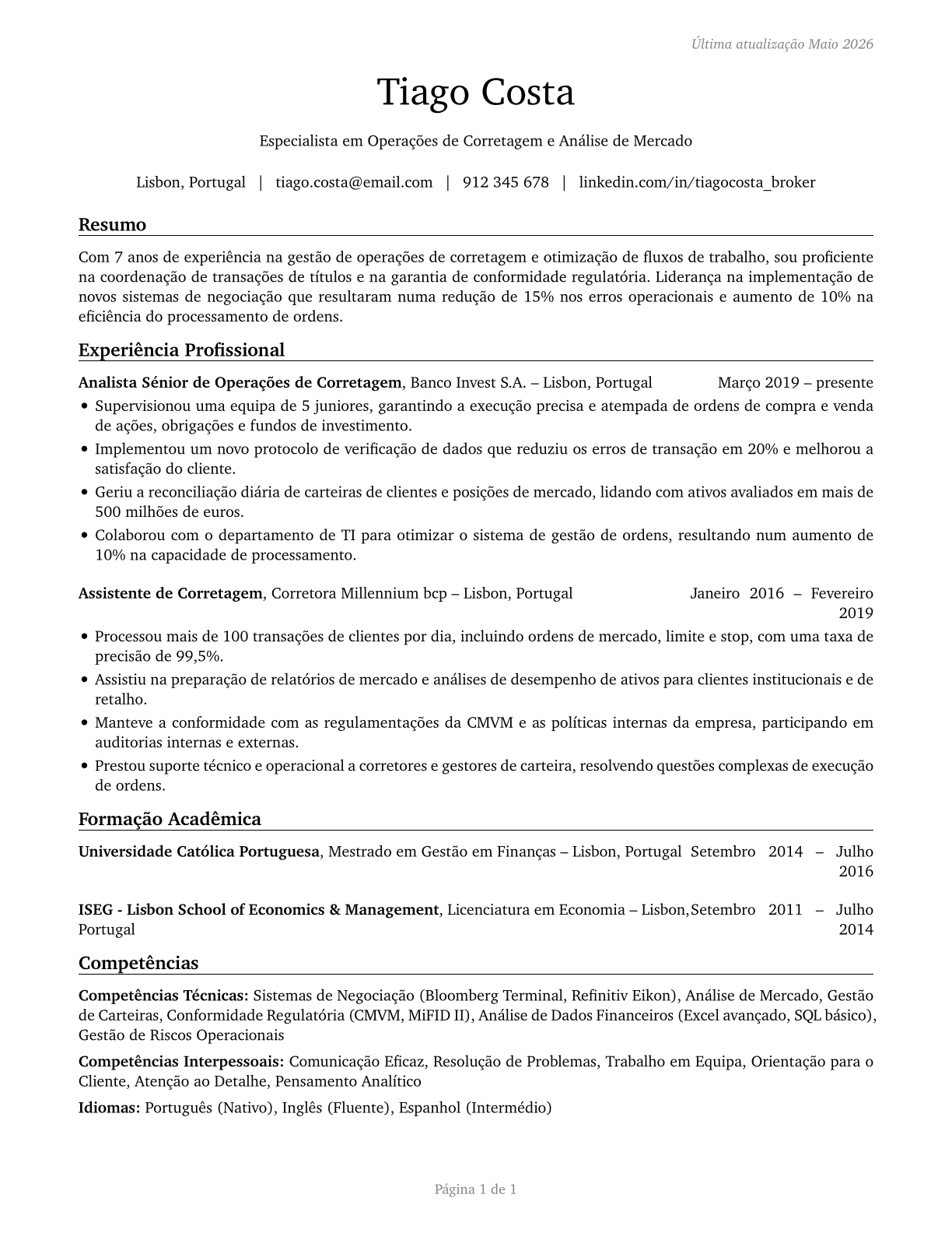 Brokerage Clerks CV in Portuguese — page 1