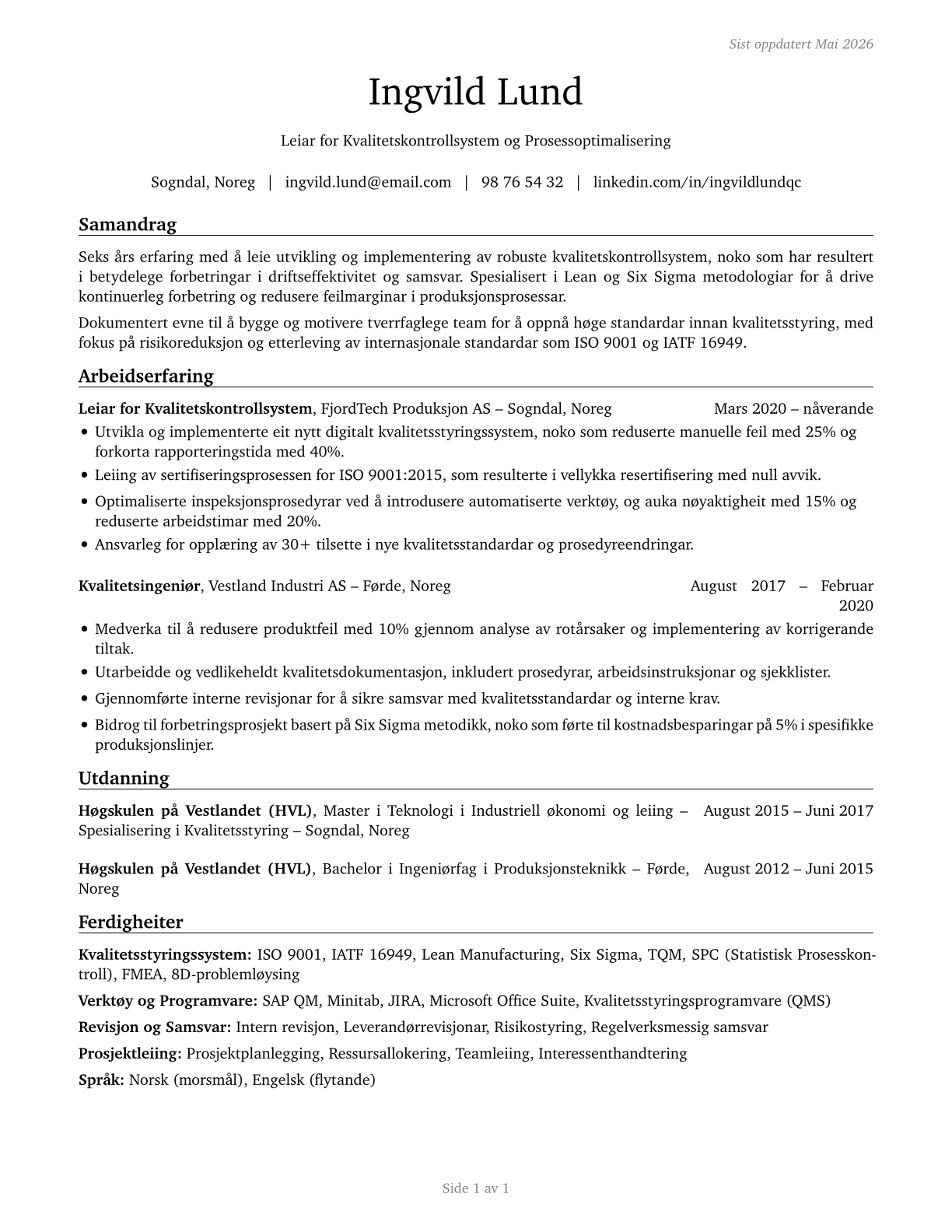Quality Control Systems Managers CV in Norwegian_nynorsk — page 1