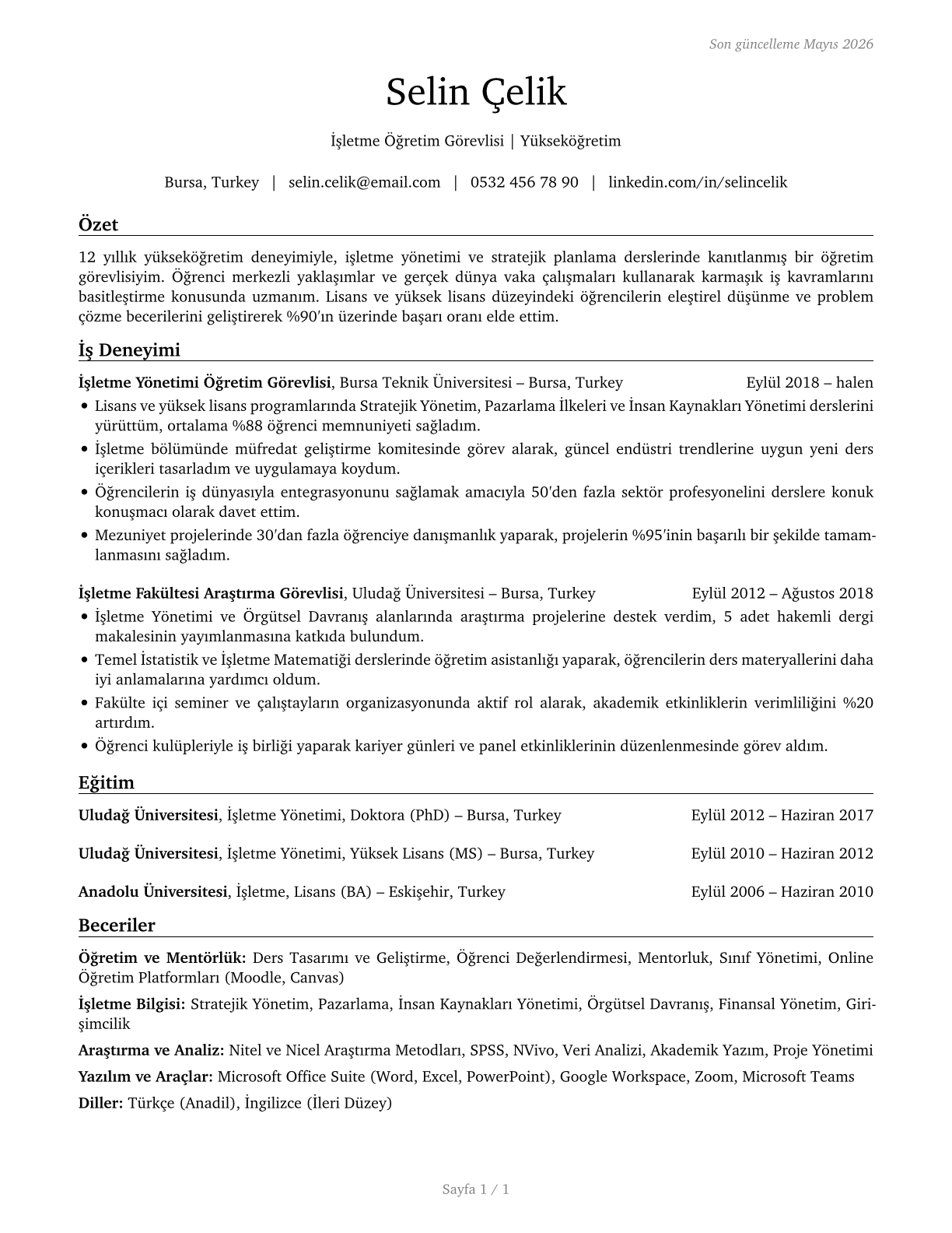 Business Teachers, Postsecondary CV in Turkish — page 1
