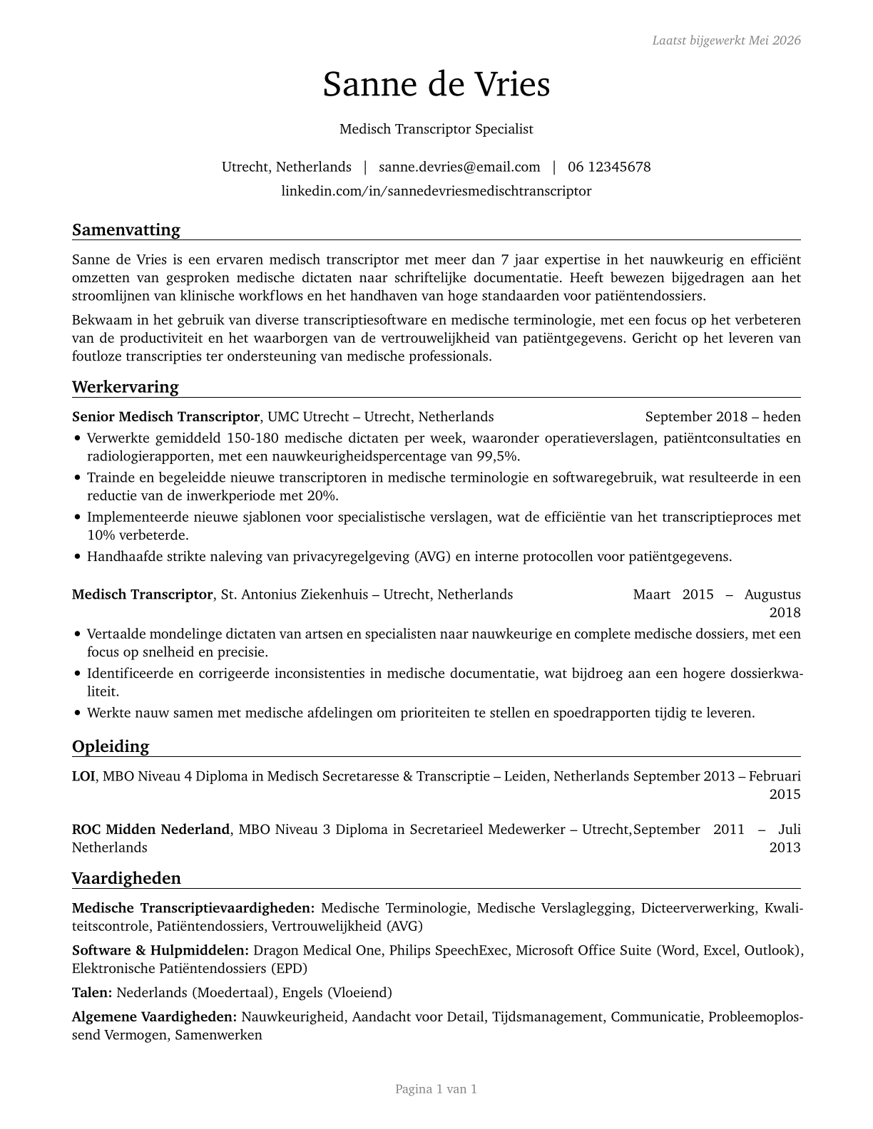 Medical Transcriptionists CV in Dutch — page 1