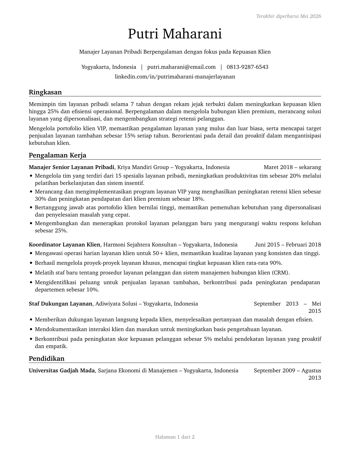 Personal Service Managers, All Other CV in Indonesian — page 1