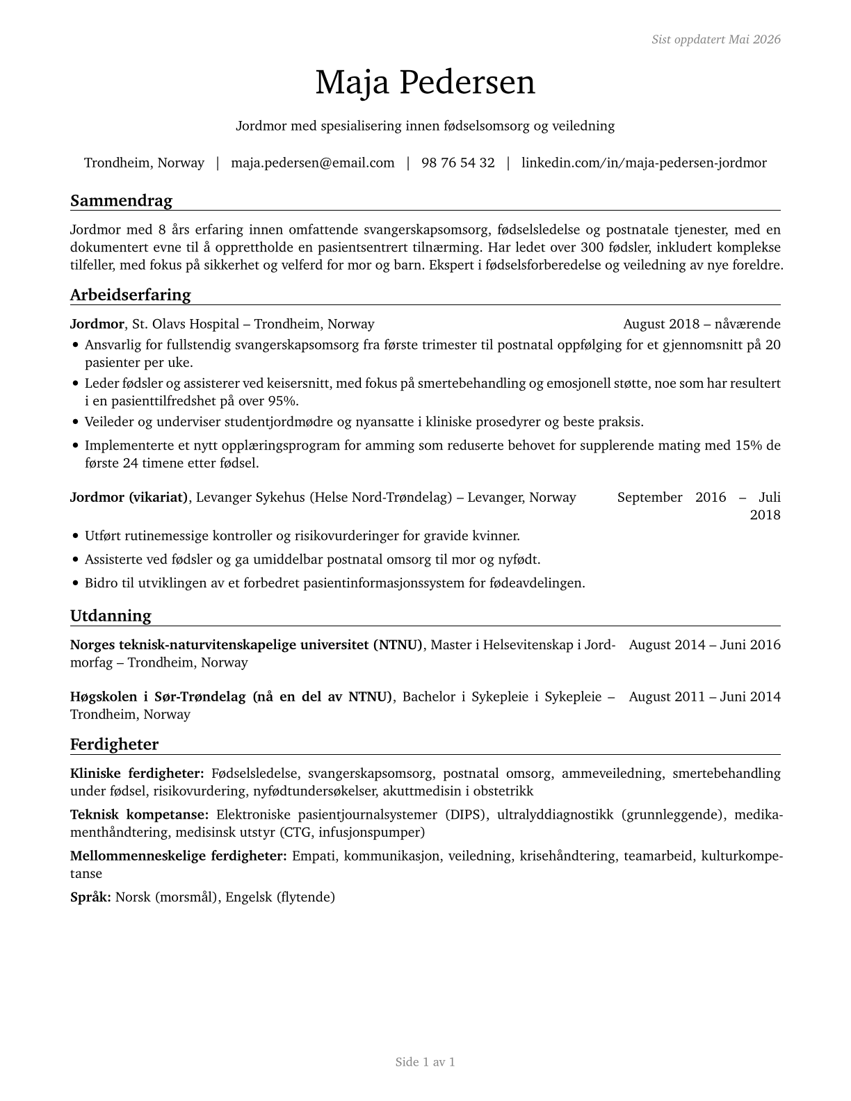 Nurse Midwives CV in Norwegian_bokmal — page 1