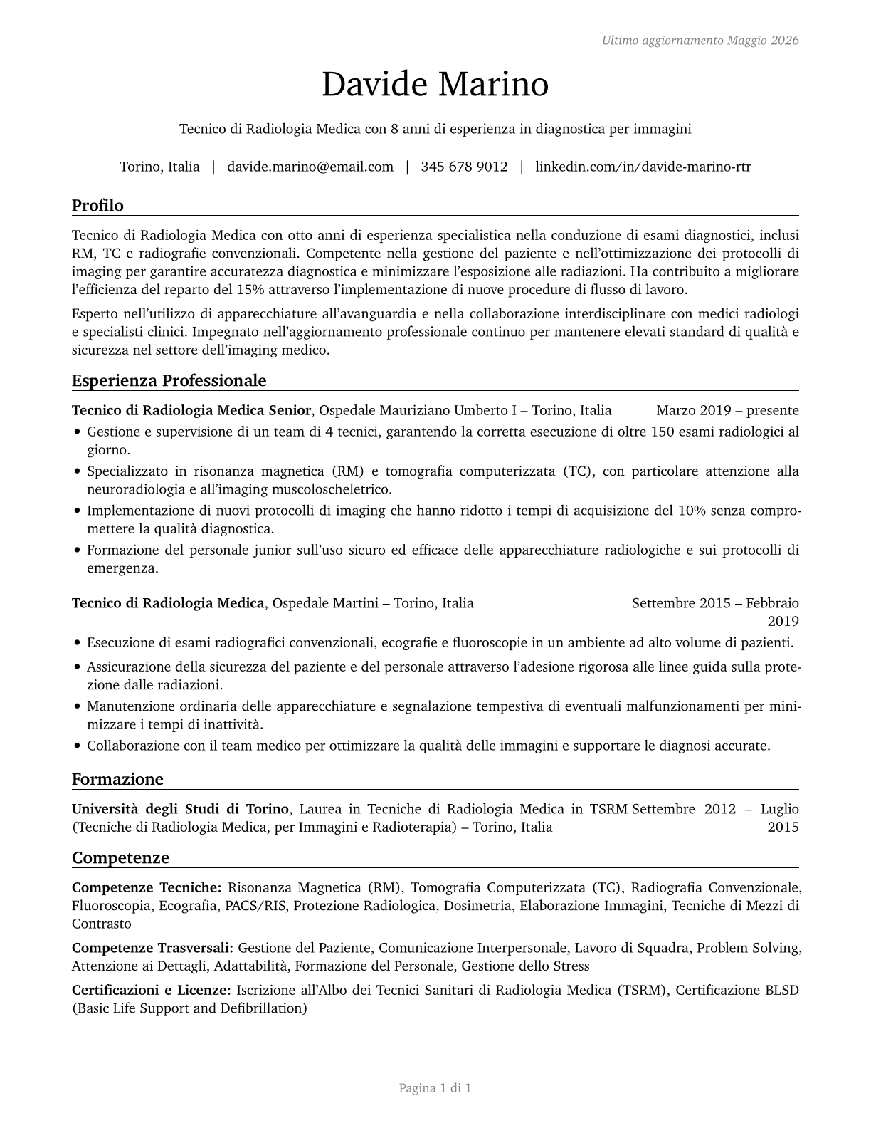 Radiologic Technologists and Technicians CV in Italian — page 1