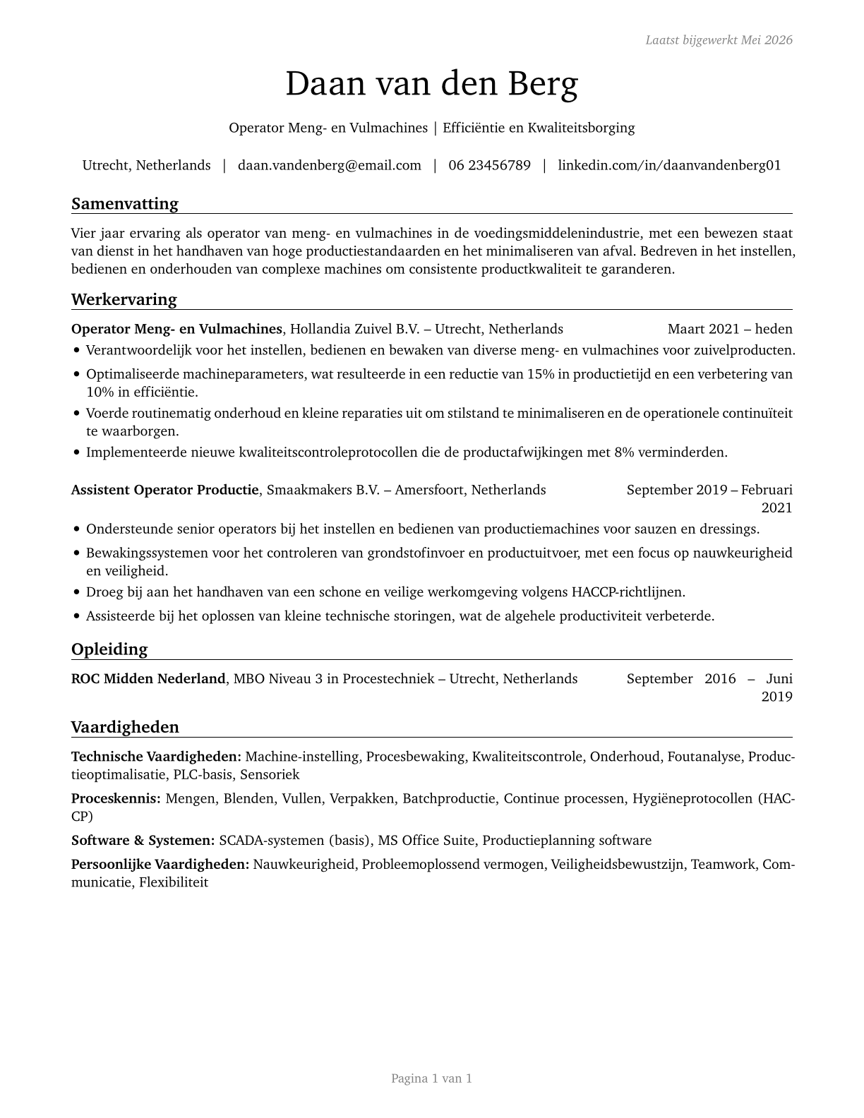 Mixing and Blending Machine Setters, Operators, and Tenders CV in Dutch — page 1