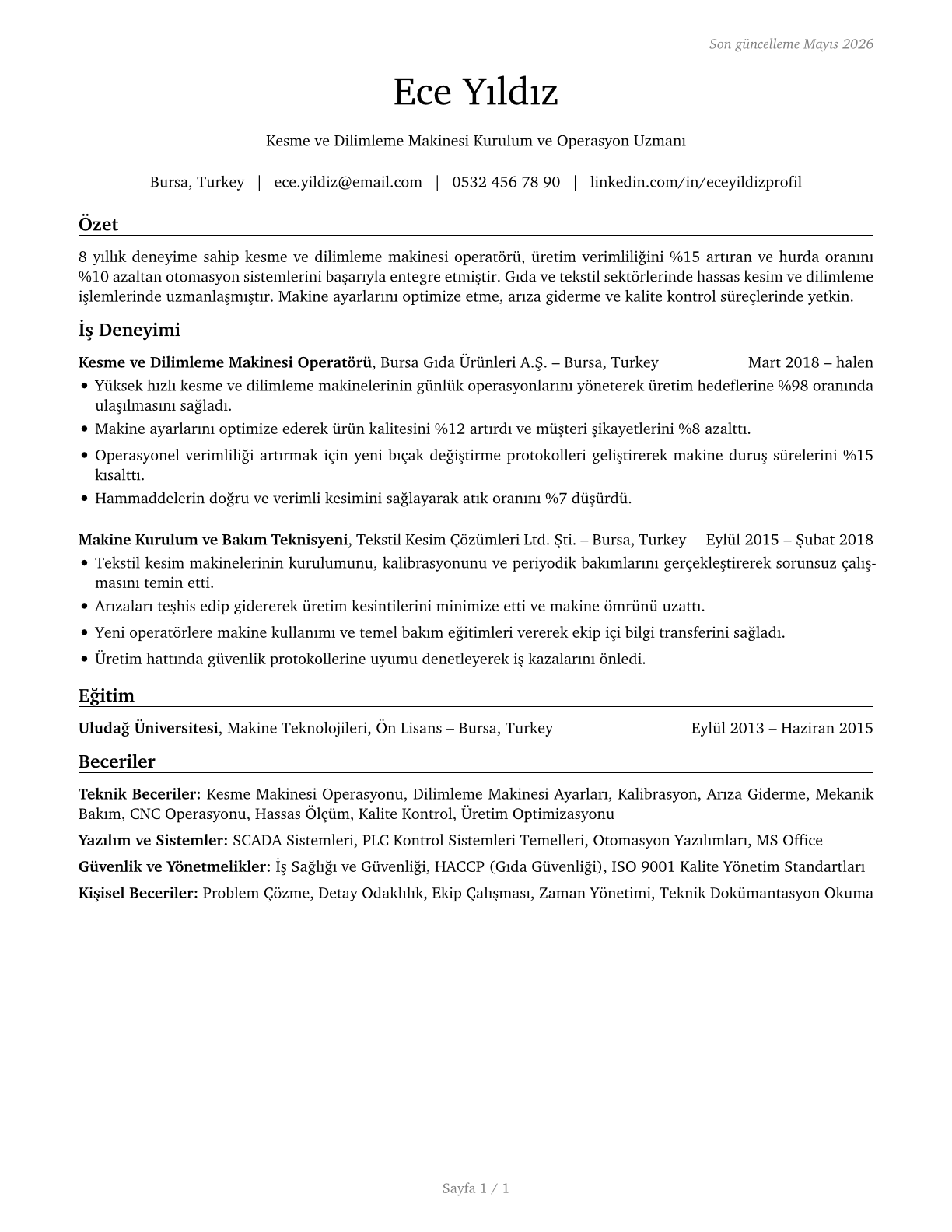 Cutting and Slicing Machine Setters, Operators, and Tenders CV in Turkish — page 1