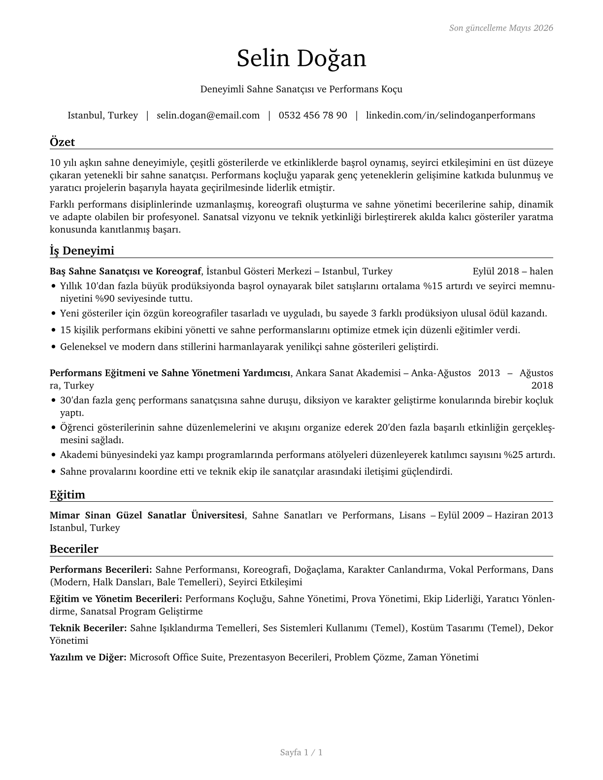 Entertainers and Performers, Sports and Related Workers, All Other CV in Turkish — page 1