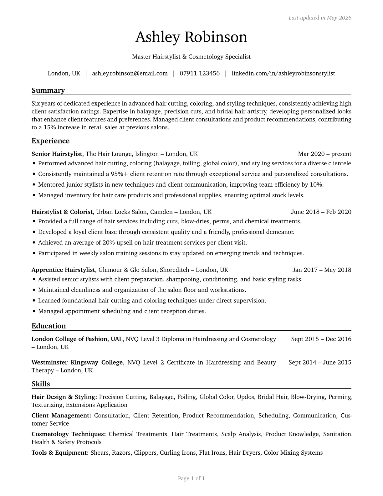 Hairdressers, Hairstylists, and Cosmetologists CV in English — page 1