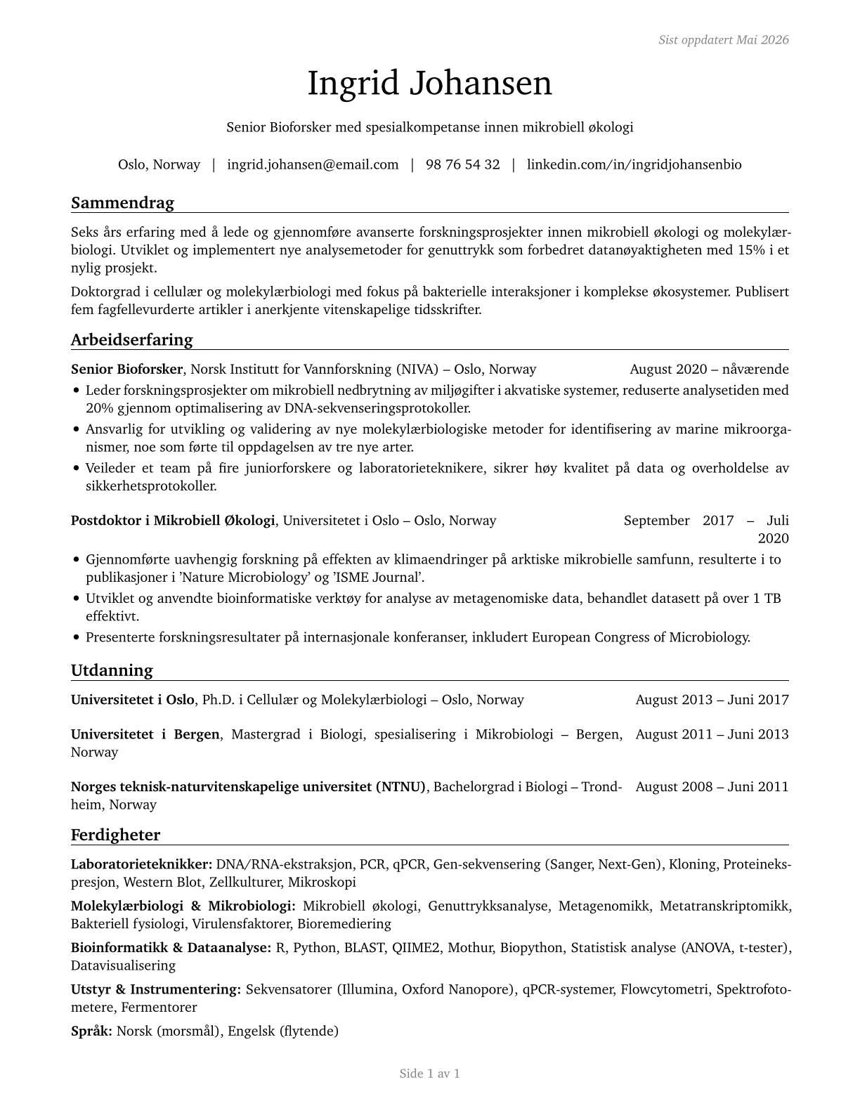Biological Scientists, All Other CV in Norwegian_bokmal — page 1