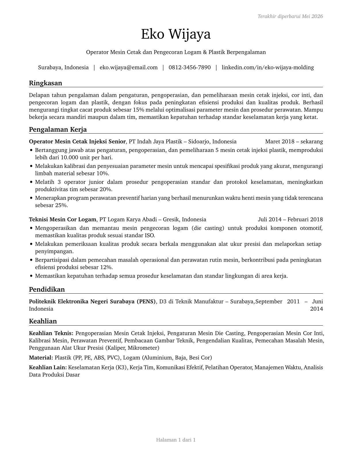 Molding, Coremaking, and Casting Machine Setters, Operators, and Tenders, Metal and Plastic CV in Indonesian — page 1