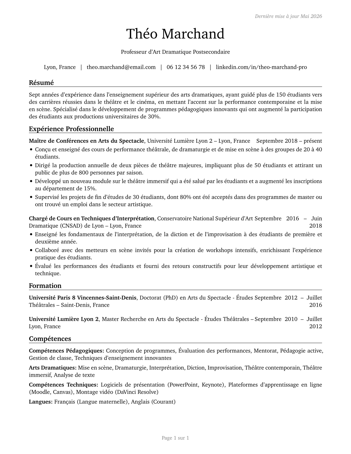 Art, Drama, and Music Teachers, Postsecondary CV in French — page 1