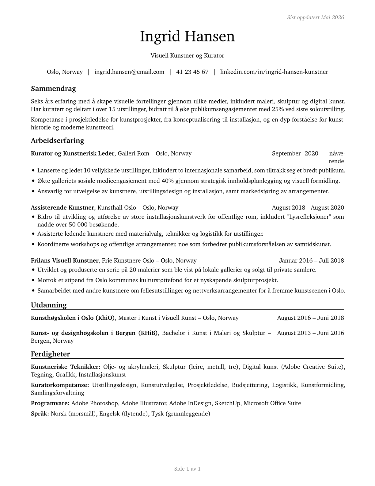 Artists and Related Workers, All Other CV in Norwegian_bokmal — page 1