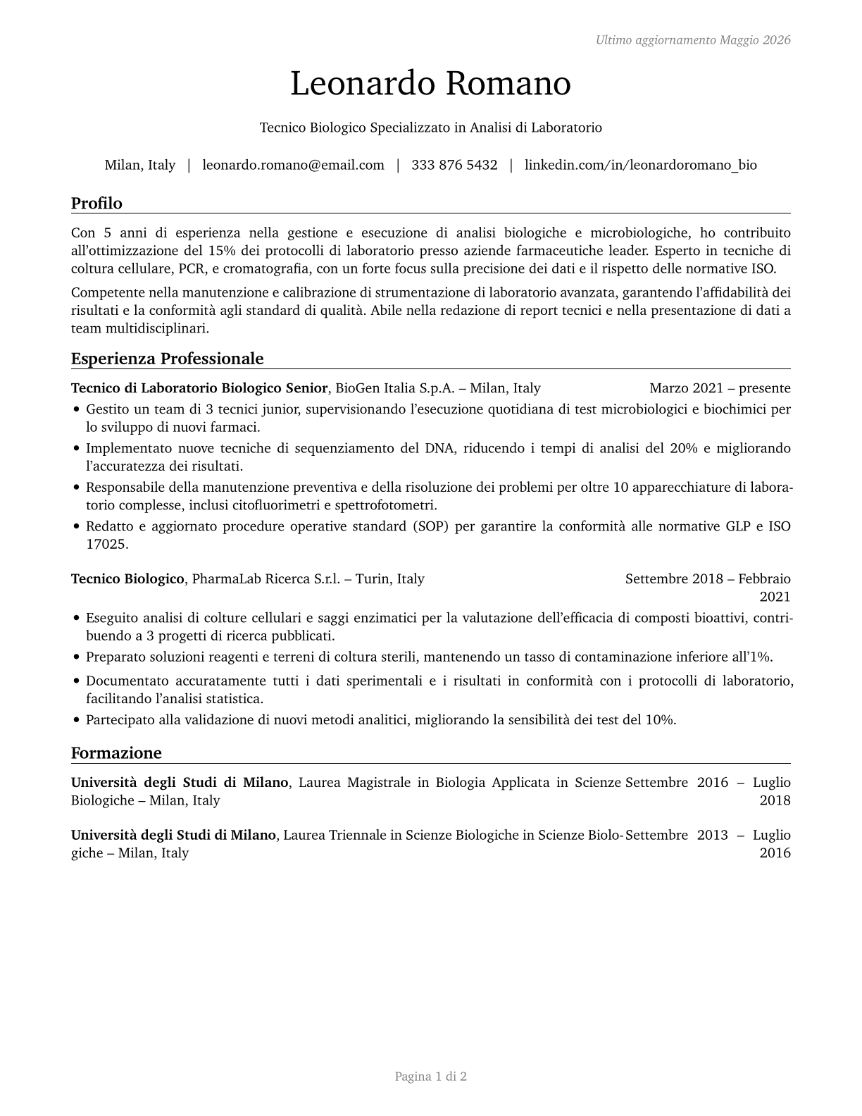 Biological Technicians CV in Italian — page 1