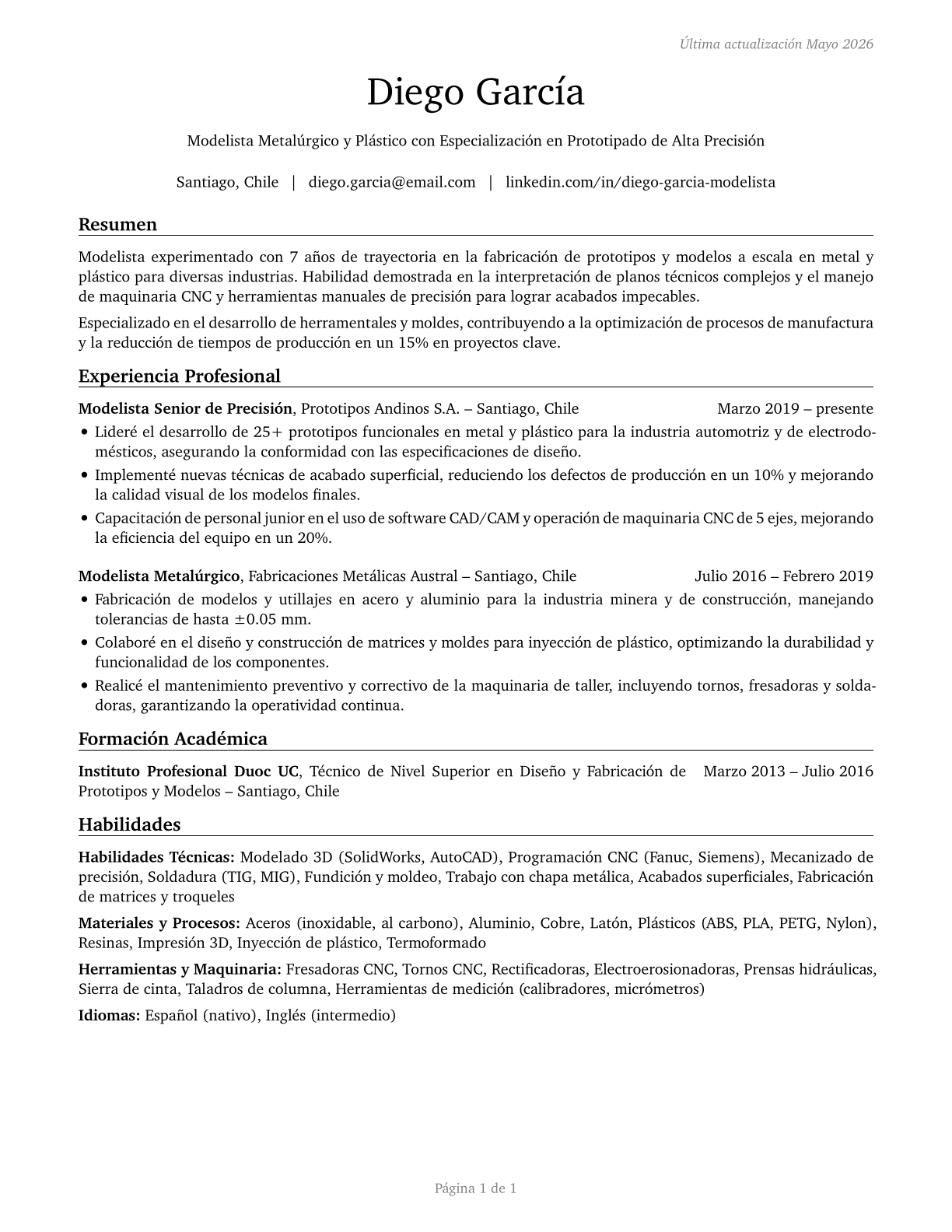 Model Makers, Metal and Plastic CV in Spanish — page 1