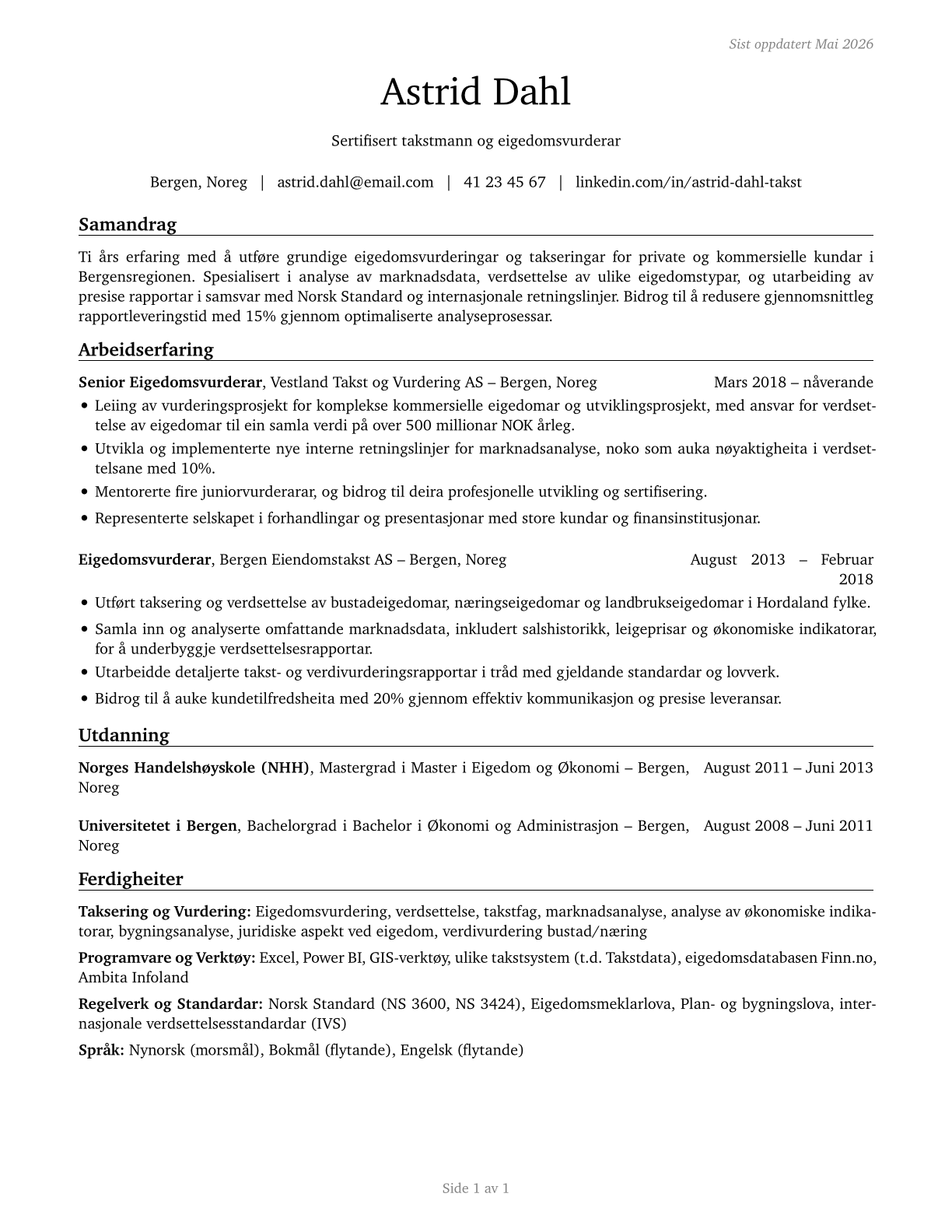 Appraisers and Assessors of Real Estate CV in Norwegian_nynorsk — page 1