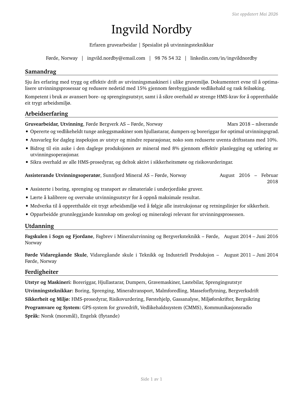 Extraction Workers, All Other CV in Norwegian_nynorsk — page 1