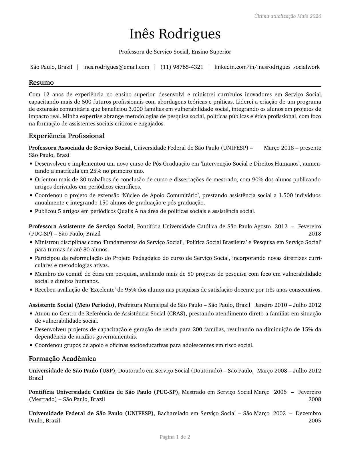 Social Work Teachers, Postsecondary CV in Portuguese — page 1