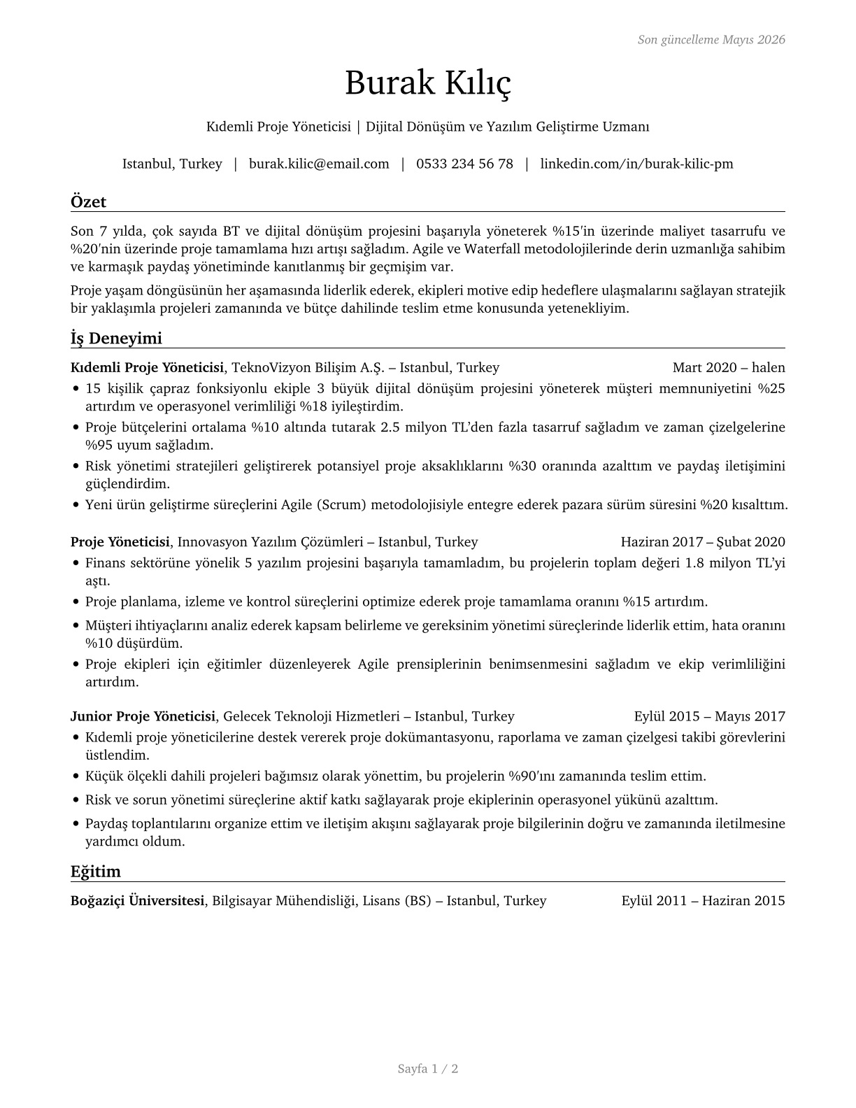 Project Management Specialists CV in Turkish — page 1