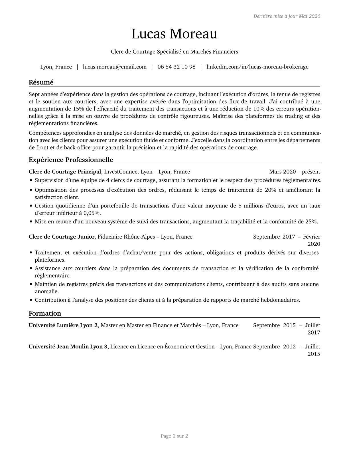Brokerage Clerks CV in French — page 1