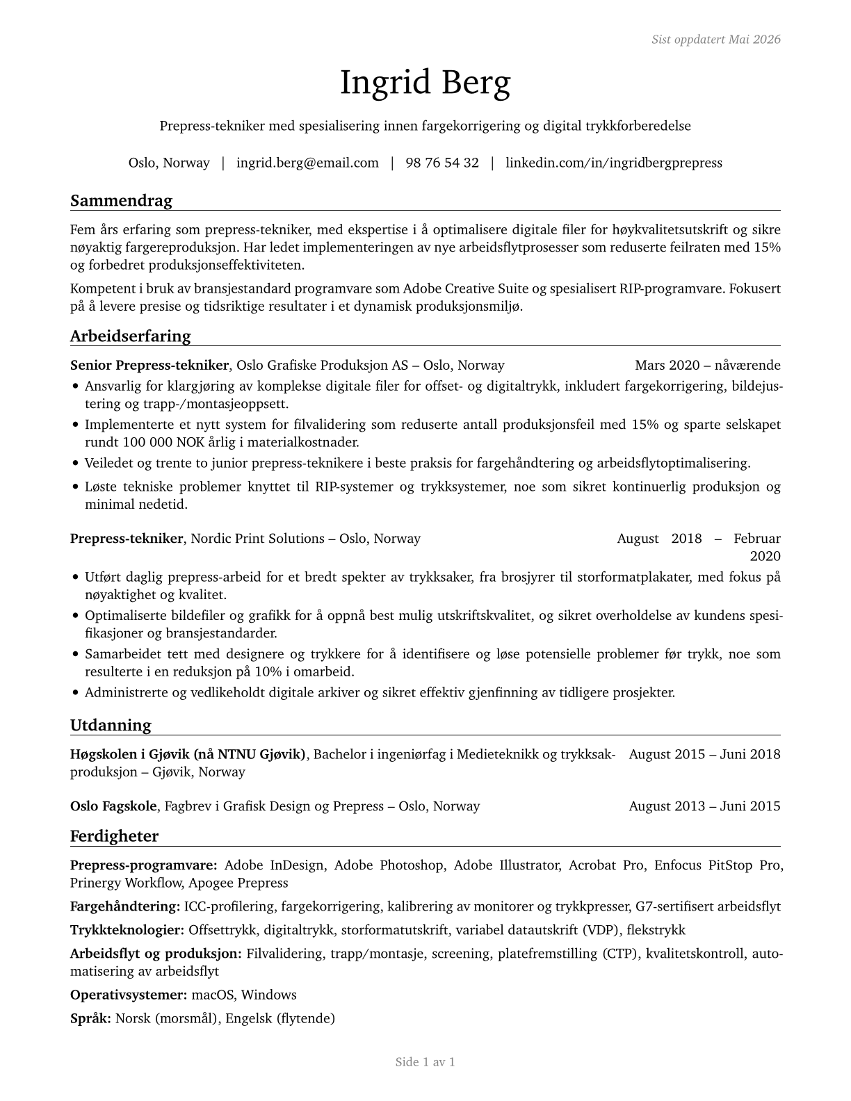 Prepress Technicians and Workers CV in Norwegian_bokmal — page 1
