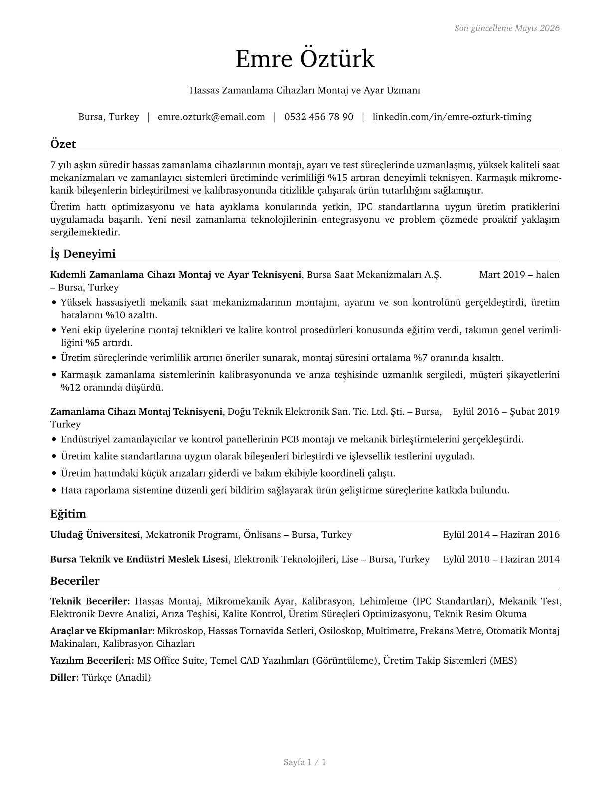 Timing Device Assemblers and Adjusters CV in Turkish — page 1