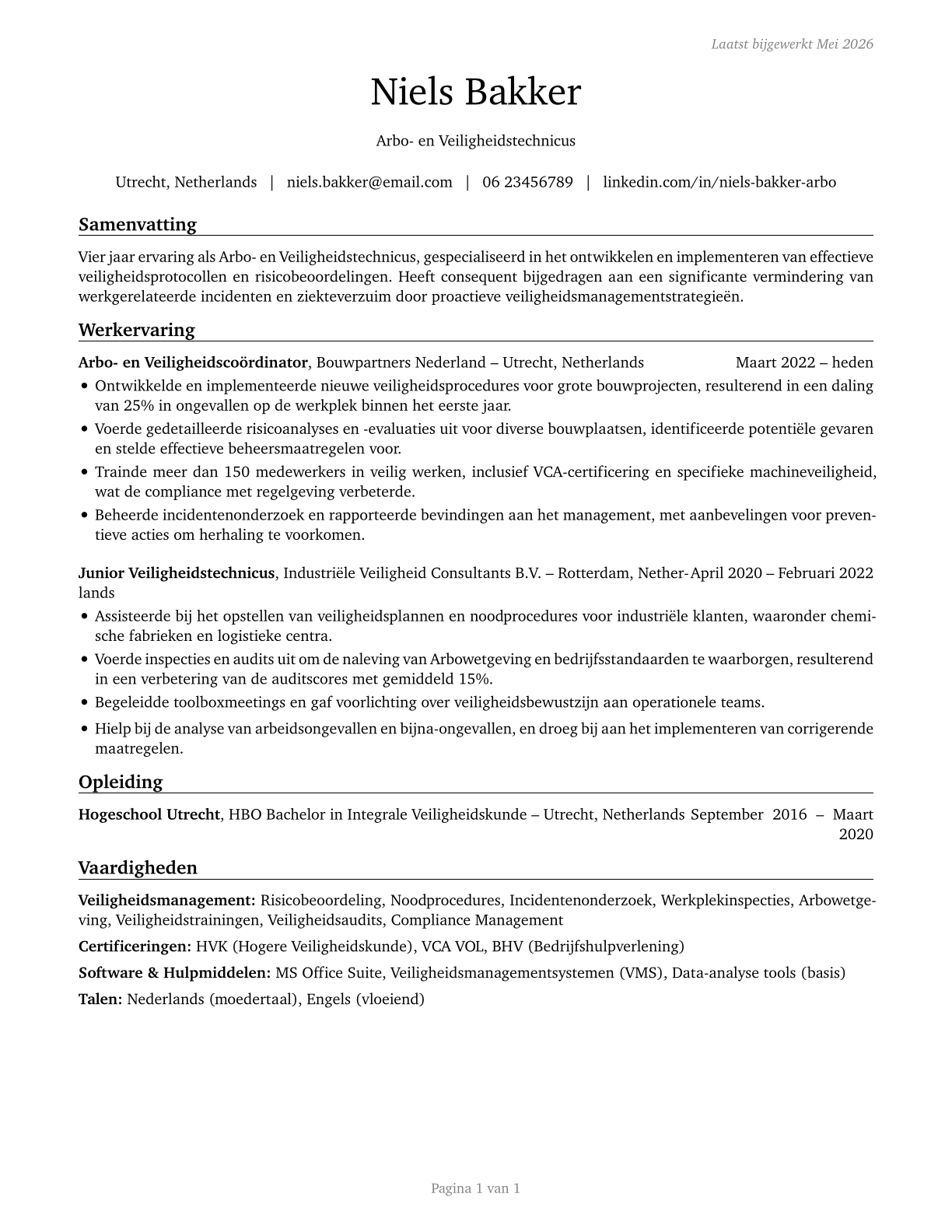 Occupational Health and Safety Technicians CV in Dutch — page 1
