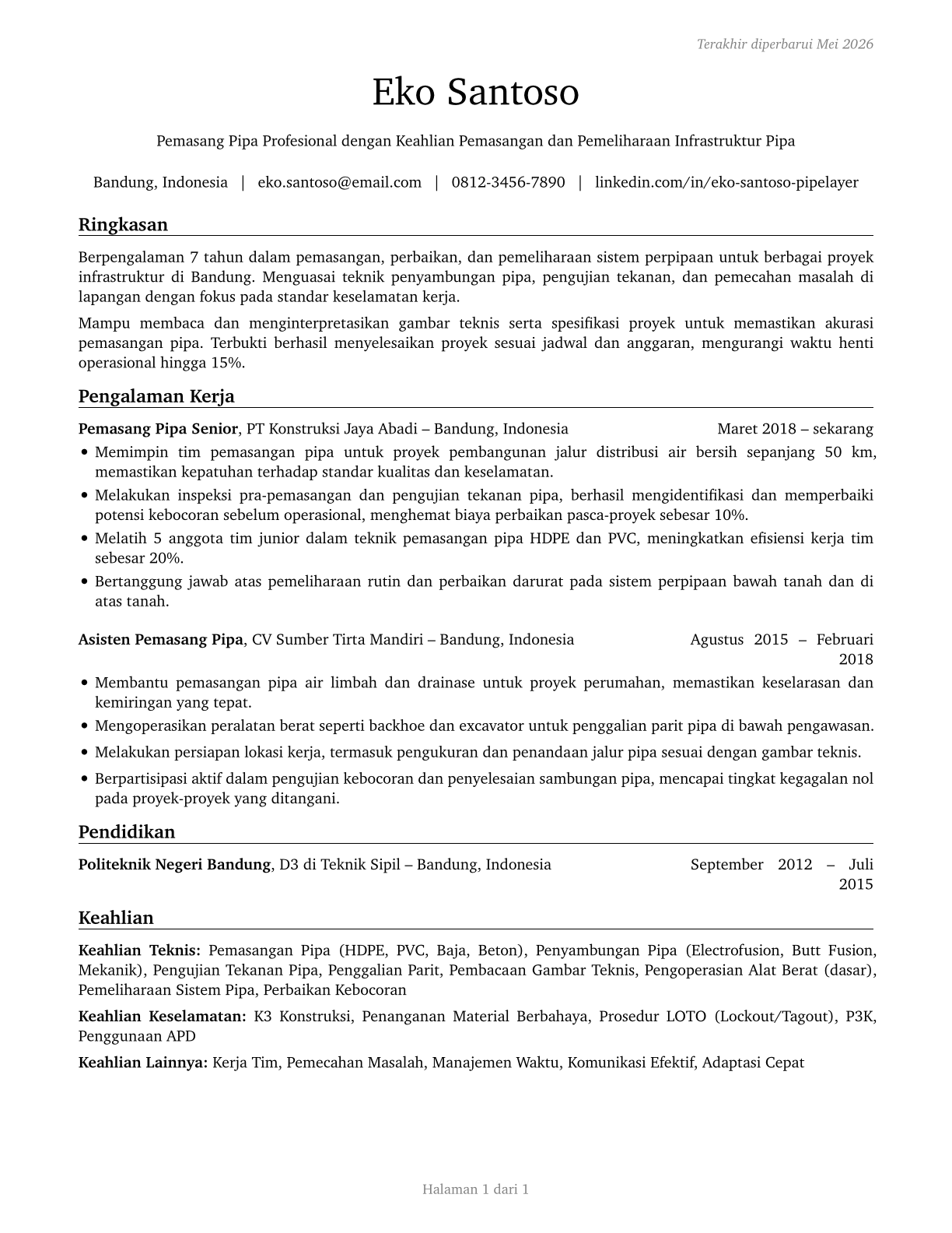 Pipelayers CV in Indonesian — page 1