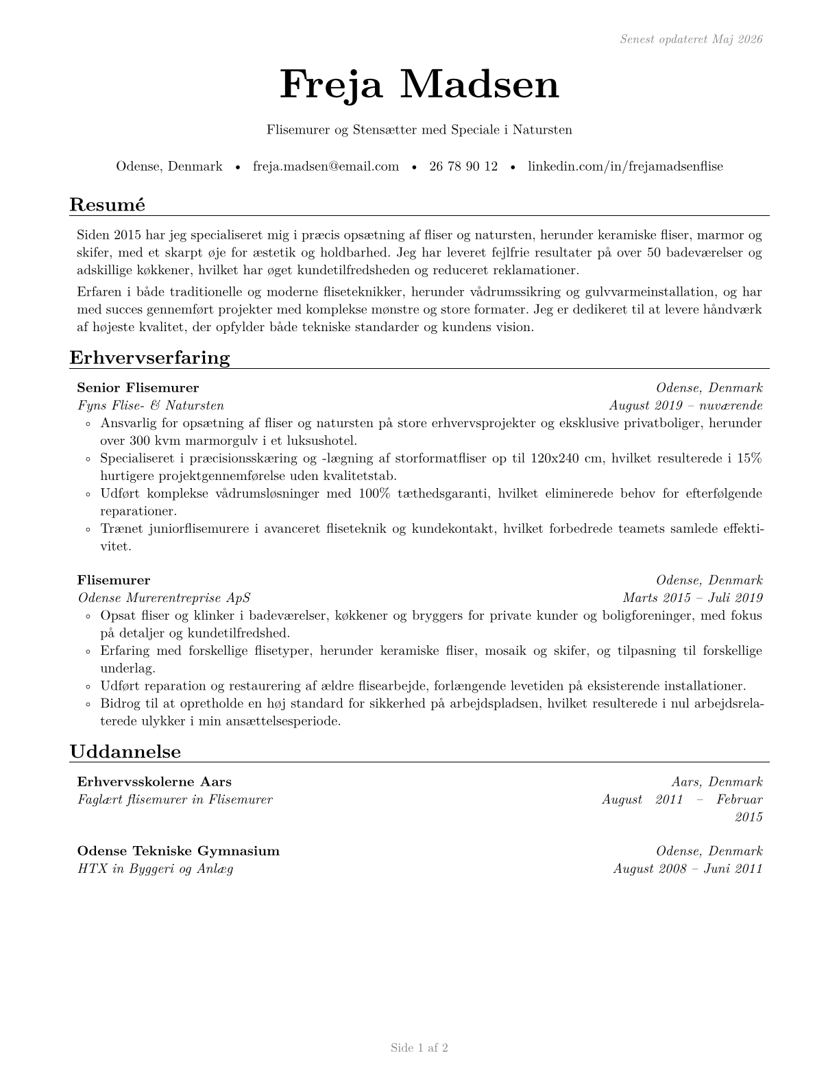 Tile and Stone Setters CV in Danish — page 1