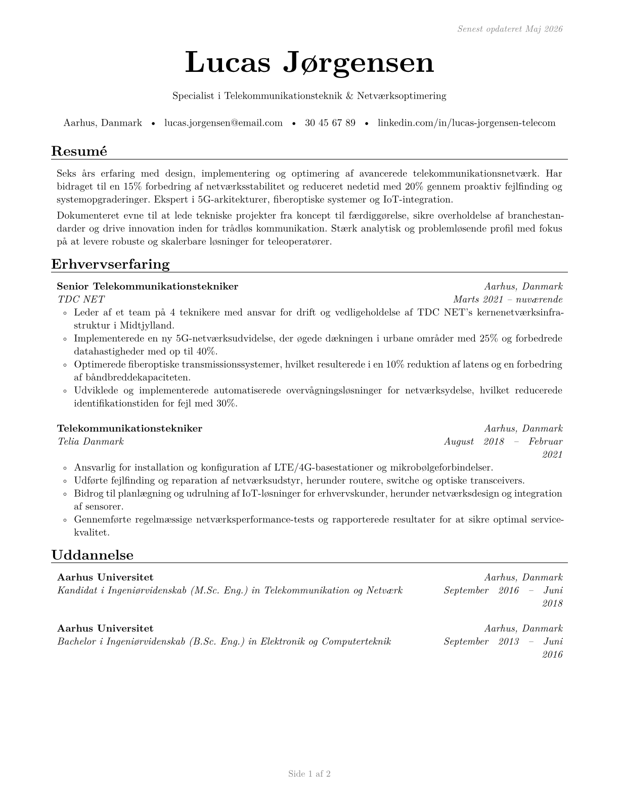 Telecommunications Engineering Specialists CV in Danish — page 1