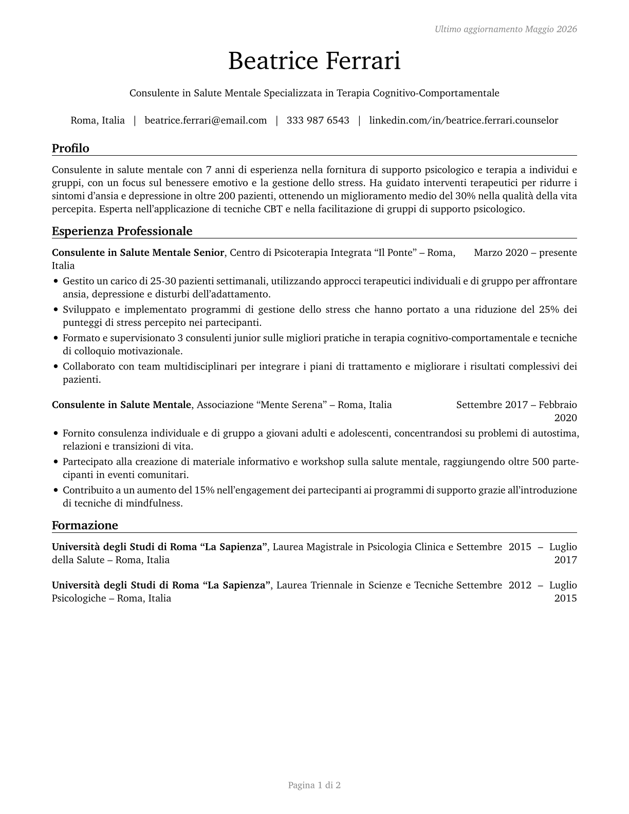 Mental Health Counselors CV in Italian — page 1