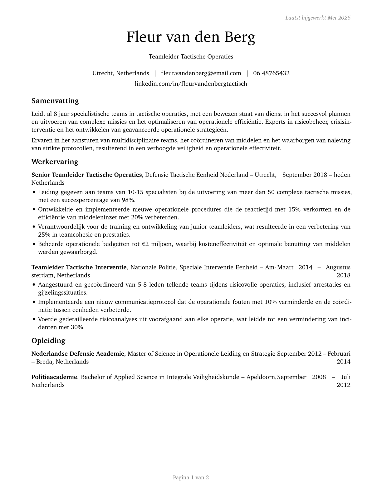 First-Line Supervisors of All Other Tactical Operations Specialists CV in Dutch — page 1