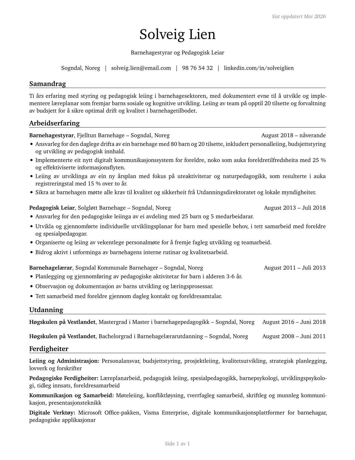 Education and Childcare Administrators, Preschool and Daycare CV in Norwegian_nynorsk — page 1