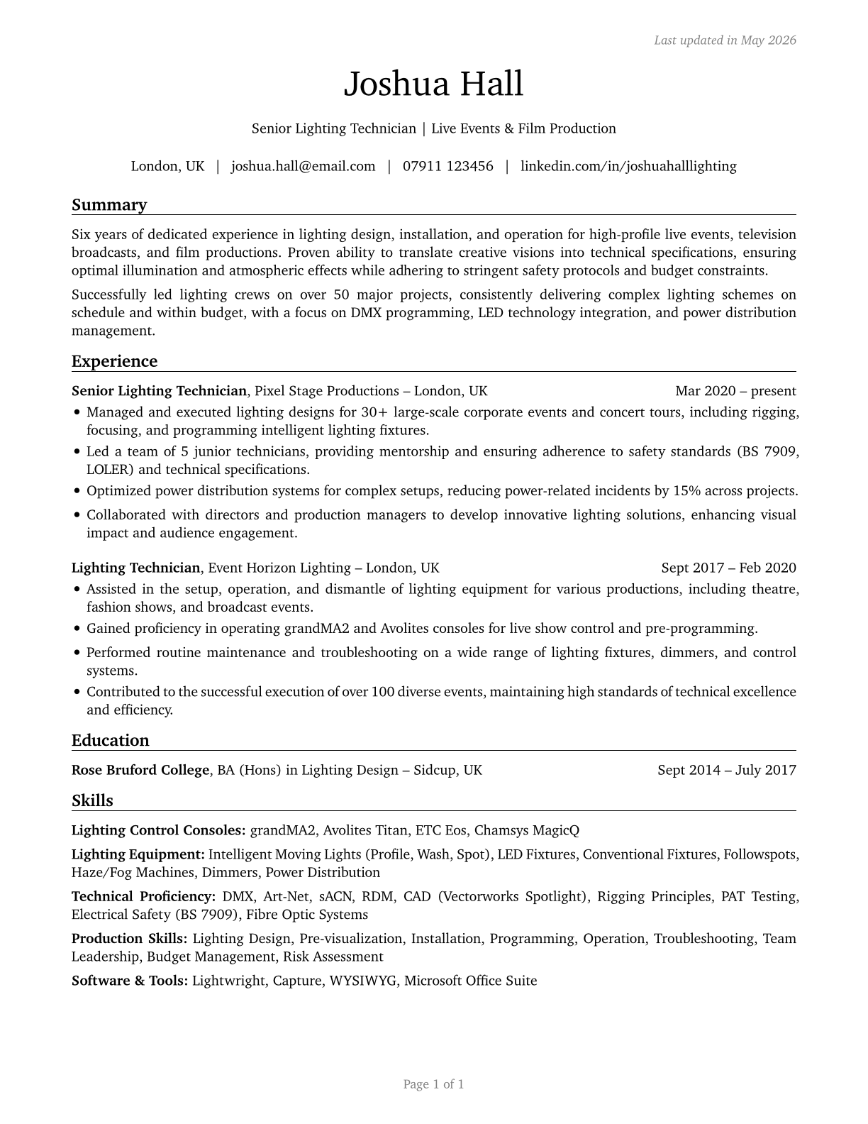 Lighting Technicians CV in English — page 1