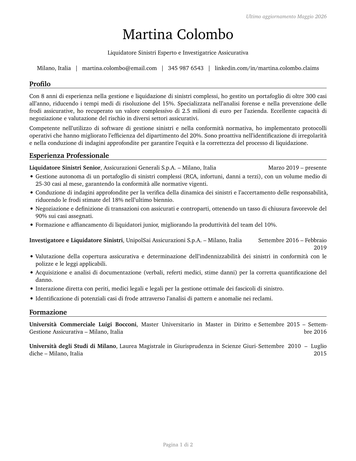 Claims Adjusters, Examiners, and Investigators CV in Italian — page 1